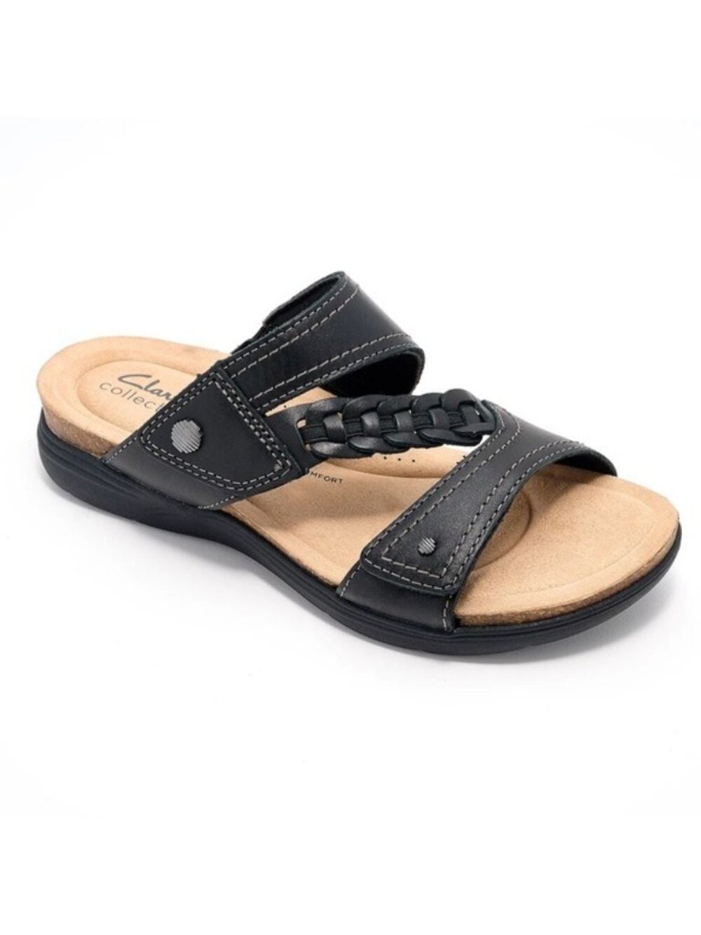 NWT Clarks Womens April Raelyn Black Leather Slide Sandals Size 6M - Picture 1 of 11